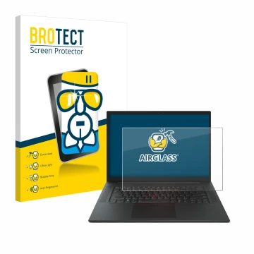 Face avant d’un emballage produit avec le logo de la marque BROTECT. À côté, l’appareil Lenovo ThinkPad P1 Gen 6 16