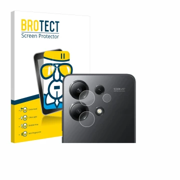 Face avant d’un emballage produit avec le logo de la marque BROTECT. À côté, l’appareil Xiaomi Redmi Note 13 (Caméra UNIQUEMEN