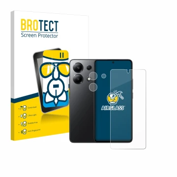 Face avant d’un emballage produit avec le logo de la marque BROTECT. À côté, l’appareil Xiaomi Redmi Note 13 5G (Avant+Caméra)