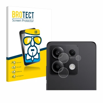 Face avant d’un emballage produit avec le logo de la marque BROTECT. À côté, l’appareil Xiaomi Redmi Note 13 Pro 5G (Caméra UN