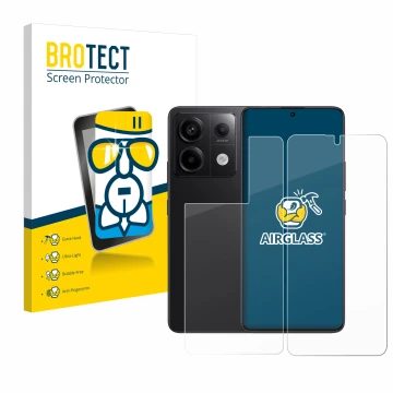 Face avant d’un emballage produit avec le logo de la marque BROTECT. À côté, l’appareil Xiaomi Redmi Note 13 Pro 5G (Avant+Arr