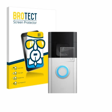 Face avant d’un emballage produit avec le logo de la marque BROTECT. À côté, l’appareil Ring Video Doorbell Plus est représent