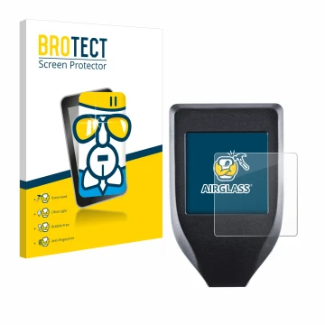Face avant d’un emballage produit avec le logo de la marque BROTECT. À côté, l’appareil Trezor Model T est représenté avec la 