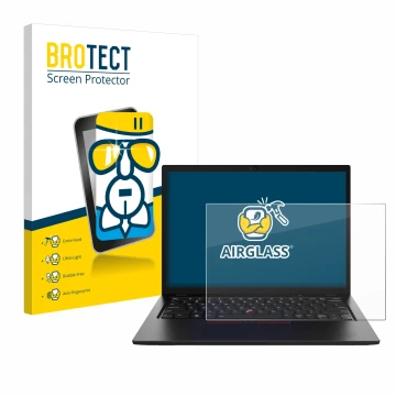 Face avant d’un emballage produit avec le logo de la marque BROTECT. À côté, l’appareil Lenovo ThinkPad L13 Gen 4 Non-Touch es
