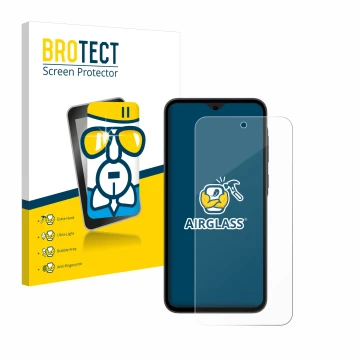 Face avant d’un emballage produit avec le logo de la marque BROTECT. À côté, l’appareil Samsung Galaxy A35 5G est représenté a