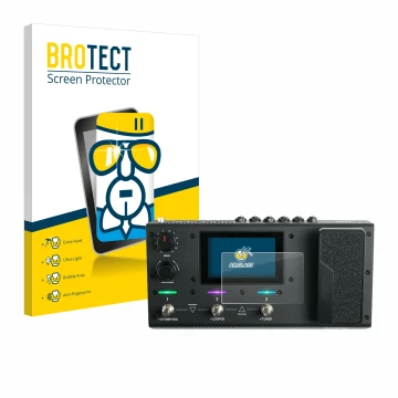 Face avant d’un emballage produit avec le logo de la marque BROTECT. À côté, l’appareil Headrush MX5 est représenté avec la pr