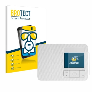 Face avant d’un emballage produit avec le logo de la marque BROTECT. À côté, l’appareil Canon Selphy CP1500 est représenté ave