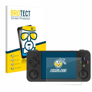 Face avant d’un emballage produit avec le logo de la marque BROTECT. À côté, l’appareil Anbernic RG35XX H est représenté avec 