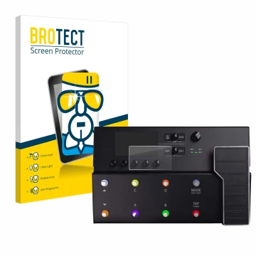 Face avant d’un emballage produit avec le logo de la marque BROTECT. À côté, l’appareil Line 6 POD GO est représenté avec la p