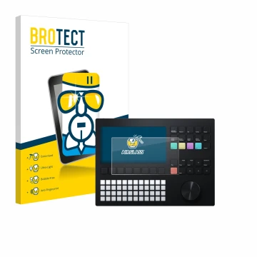 Face avant d’un emballage produit avec le logo de la marque BROTECT. À côté, l’appareil Polyend Tracker est représenté avec la