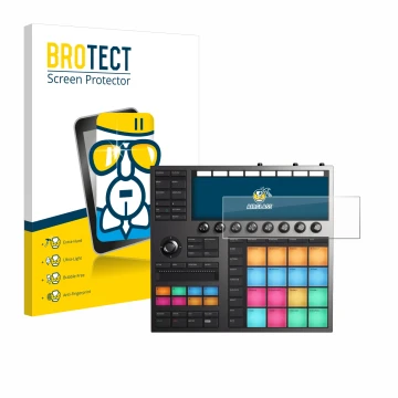 Face avant d’un emballage produit avec le logo de la marque BROTECT. À côté, l’appareil Native Instruments Maschine + est repr
