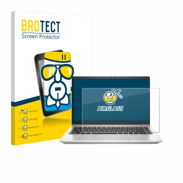 Face avant d’un emballage produit avec le logo de la marque BROTECT. À côté, l’appareil HP ProBook 445 G7 est représenté avec 