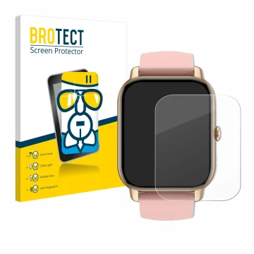 Face avant d’un emballage produit avec le logo de la marque BROTECT. À côté, l’appareil Sross Smartwatch 1.83