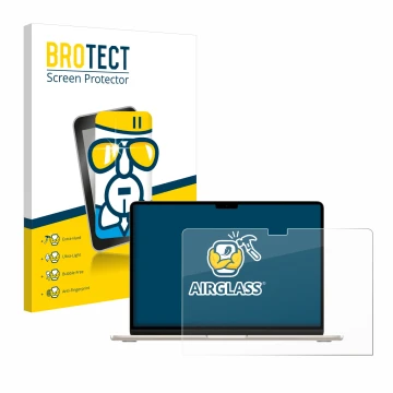 Face avant d’un emballage produit avec le logo de la marque BROTECT. À côté, l’appareil Apple MacBook Air 15