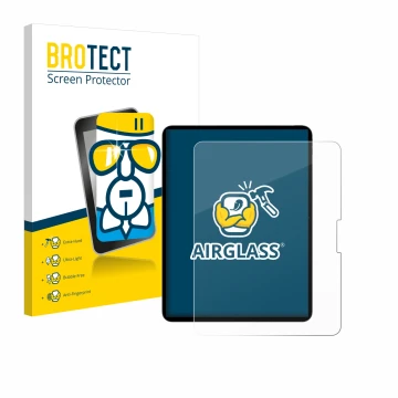 Face avant d’un emballage produit avec le logo de la marque BROTECT. À côté, l’appareil Apple iPad Pro 13