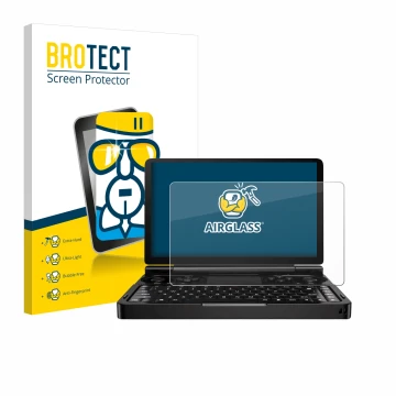 Face avant d’un emballage produit avec le logo de la marque BROTECT. À côté, l’appareil GPD Win Mini (2024) est représenté ave