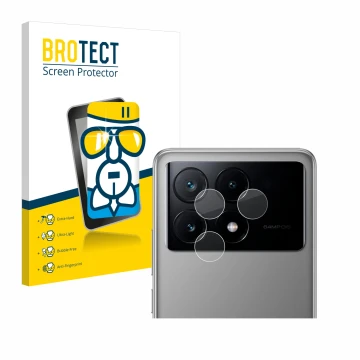 Face avant d’un emballage produit avec le logo de la marque BROTECT. À côté, l’appareil Xiaomi Poco X6 Pro (Caméra UNIQUEMENT)