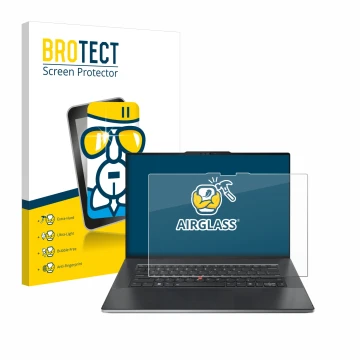 Face avant d’un emballage produit avec le logo de la marque BROTECT. À côté, l’appareil Lenovo ThinkPad Z13 Gen 2 est représen
