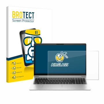 Face avant d’un emballage produit avec le logo de la marque BROTECT. À côté, l’appareil HP EliteBook 640 G10 est représenté av