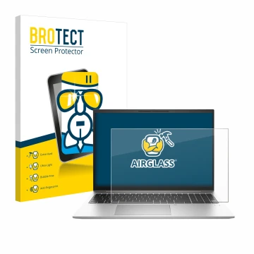 Face avant d’un emballage produit avec le logo de la marque BROTECT. À côté, l’appareil HP EliteBook 865 G10 est représenté av