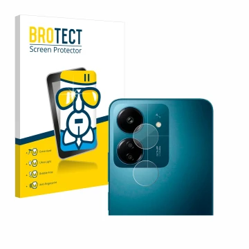 Face avant d’un emballage produit avec le logo de la marque BROTECT. À côté, l’appareil Xiaomi Redmi 13C (Caméra UNIQUEMENT) e