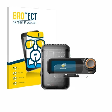 Face avant d’un emballage produit avec le logo de la marque BROTECT. À côté, l’appareil DJI Mic 2 (Receiver) est représenté av