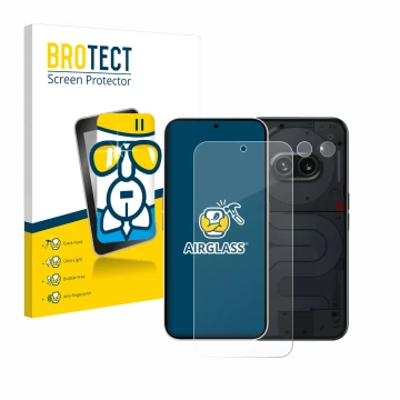 Face avant d’un emballage produit avec le logo de la marque BROTECT. À côté, l’appareil Nothing Phone (2a) (Avant+Caméra) est 