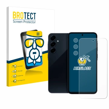 Face avant d’un emballage produit avec le logo de la marque BROTECT. À côté, l’appareil Samsung Galaxy A35 5G (Avant+Caméra) e