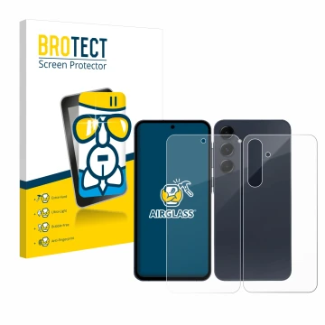 Face avant d’un emballage produit avec le logo de la marque BROTECT. À côté, l’appareil Samsung Galaxy A35 5G (Avant+Arrière) 