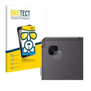Face avant d’un emballage produit avec le logo de la marque BROTECT. À côté, l’appareil Samsung Galaxy Tab S6 Lite WiFi 2024 (