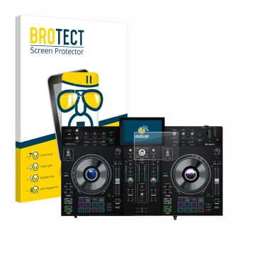 Face avant d’un emballage produit avec le logo de la marque BROTECT. À côté, l’appareil Denon DJ Prime 2 est représenté avec l