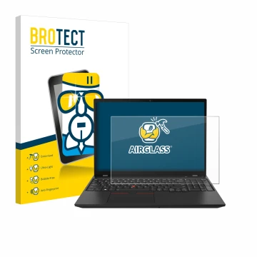 Face avant d’un emballage produit avec le logo de la marque BROTECT. À côté, l’appareil Lenovo ThinkPad P16s Gen 2 est représe