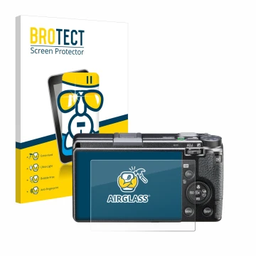 Face avant d’un emballage produit avec le logo de la marque BROTECT. À côté, l’appareil Ricoh GR IIIx HDF est représenté avec 