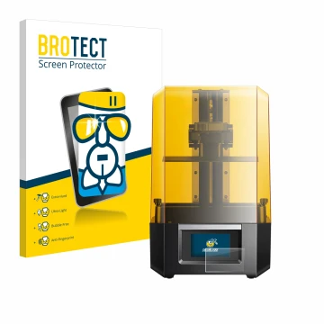 Face avant d’un emballage produit avec le logo de la marque BROTECT. À côté, l’appareil Anycubic Photon Mono M5s est représent