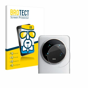 Face avant d’un emballage produit avec le logo de la marque BROTECT. À côté, l’appareil Xiaomi 14 Ultra (Caméra UNIQUEMENT) es