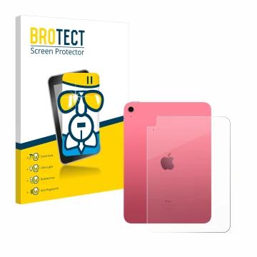 Face avant d’un emballage produit avec le logo de la marque BROTECT. À côté, l’appareil Apple iPad 10.9