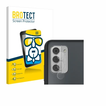 Face avant d’un emballage produit avec le logo de la marque BROTECT. À côté, l’appareil Nokia G42 5G (Caméra UNIQUEMENT) est r
