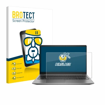 Face avant d’un emballage produit avec le logo de la marque BROTECT. À côté, l’appareil HP Zbook Power 15 G10 est représenté a