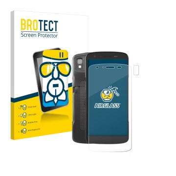 Face avant d’un emballage produit avec le logo de la marque BROTECT. À côté, l’appareil Zebra TC22 (Avant+Caméra) est représen