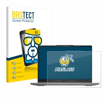 Face avant d’un emballage produit avec le logo de la marque BROTECT. À côté, l’appareil Lenovo IdeaPad 5 2-in-1 14AHP9 est rep