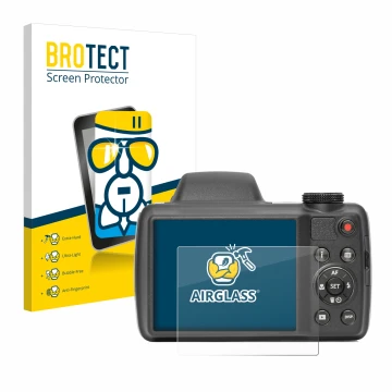 Face avant d’un emballage produit avec le logo de la marque BROTECT. À côté, l’appareil Kodak Pixpro AZ528 est représenté avec