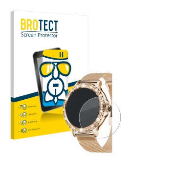 Face avant d’un emballage produit avec le logo de la marque BROTECT. À côté, l’appareil walkbee Smartwatch 1.3