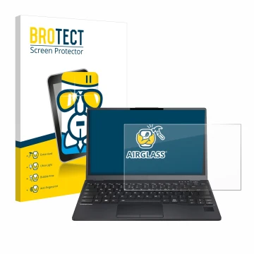 Face avant d’un emballage produit avec le logo de la marque BROTECT. À côté, l’appareil Fujitsu Lifebook U9312 est représenté 