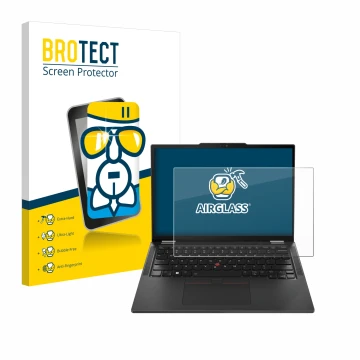 Face avant d’un emballage produit avec le logo de la marque BROTECT. À côté, l’appareil Lenovo ThinkPad X13 Gen 5 est représen