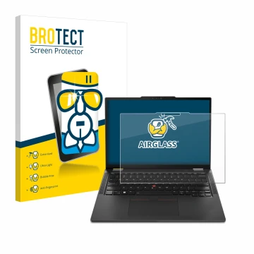 Face avant d’un emballage produit avec le logo de la marque BROTECT. À côté, l’appareil Lenovo ThinkPad X13 2-in-1 Gen 5 est r