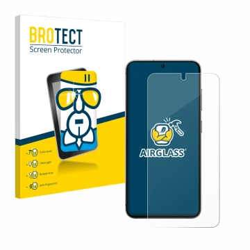 Face avant d’un emballage produit avec le logo de la marque BROTECT. À côté, l’appareil Samsung Galaxy S24 Enterprise Edition 