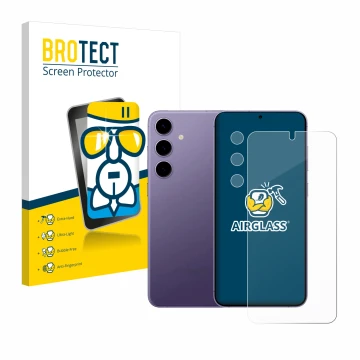 Face avant d’un emballage produit avec le logo de la marque BROTECT. À côté, l’appareil Samsung Galaxy S24 Enterprise Edition 