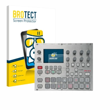 Face avant d’un emballage produit avec le logo de la marque BROTECT. À côté, l’appareil Elektron Syntakt E25 Remix Edition est