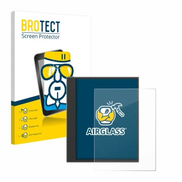 Face avant d’un emballage produit avec le logo de la marque BROTECT. À côté, l’appareil PocketBook InkPad Eo (2024) est représ