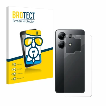Face avant d’un emballage produit avec le logo de la marque BROTECT. À côté, l’appareil Xiaomi Redmi Note 13 4G (Arrière) est 